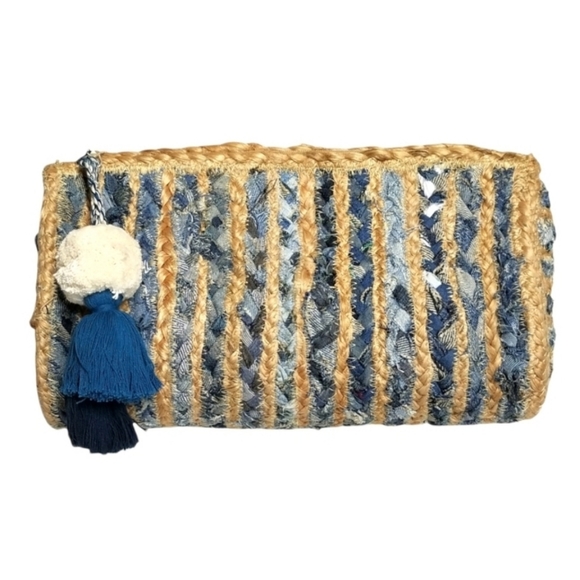 Antik Kraft Blue Denim And Straw Tassel Clutch